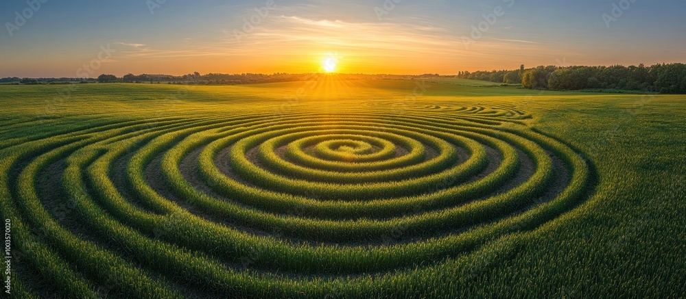 Aerial view of a spiral pattern in a field of green grass at sunset. Aerial view of a spiral pattern in a field of green grass at sunset.