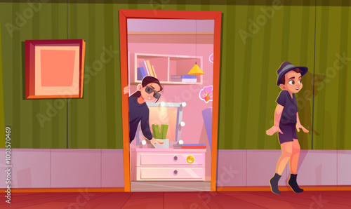 Cute happy children play spymaster game - teen boy tiptoeing down corridor while girl look out of pink room. Cartoon vector kids dressed as spy in black clothes, hat and glasses and having fun at home