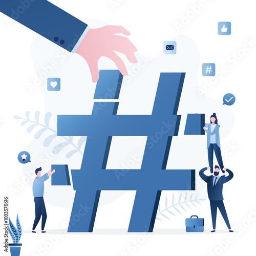 Group of business people make hashtag icon. Concept of hashtag for social media marketing advertising, blogging, media planning, promotion in social network.