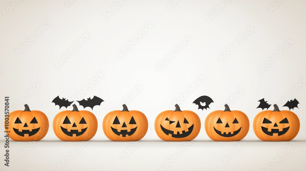 Halloween pumpkins and bat cutouts on a white background, creatively arranged with ample space for text. No people, no logo. Halloween pumpkins and bat cutouts on a white background, creatively arranged with ample space for text. No people, no logo.