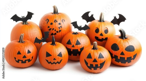 Halloween pumpkins and bats arranged on a white background, with copy space for Halloween-themed text or designs. No people, no logo.