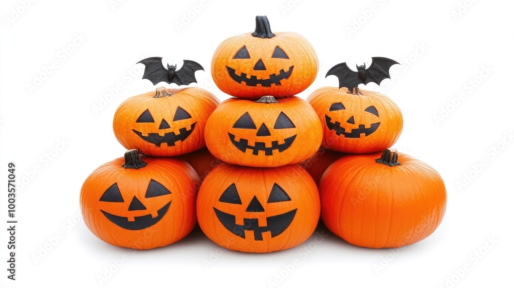 Halloween pumpkins and bats placed on a clean white background with ample room for text or design. No people, no logo. Halloween pumpkins and bats placed on a clean white background with ample room for text or design. No people, no logo.