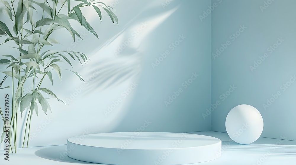 Minimal scene with podium and abstract background. Pastel blue and white colors scene. Trendy 3d render for social media banners, promotion, cosmetic product show. Geometric shapes interior. Minimal scene with podium and abstract background. Pastel blue and white colors scene. Trendy 3d render for social media banners, promotion, cosmetic product show. Geometric shapes interior.