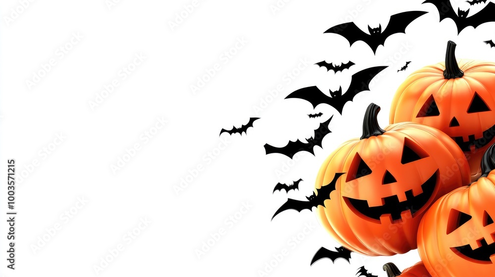 Halloween pumpkins and black bats scattered on a white background with space for text or design. No people, no logo. Halloween pumpkins and black bats scattered on a white background with space for text or design. No people, no logo.