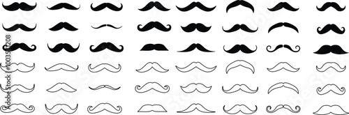 Different mustache set. Hipster mustache collection. Mustaches. Black line and flat of adult man mustaches. Symbol of Fathers day. Vector illustration