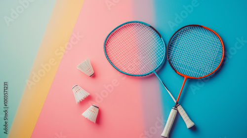  Badminton rackets and white badminton shuttlecocks on color background