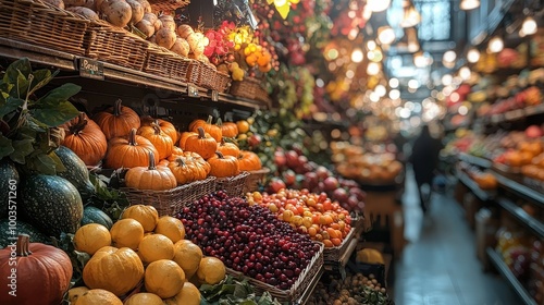 A vibrant market display filled with various fruits and vegetables in baskets.