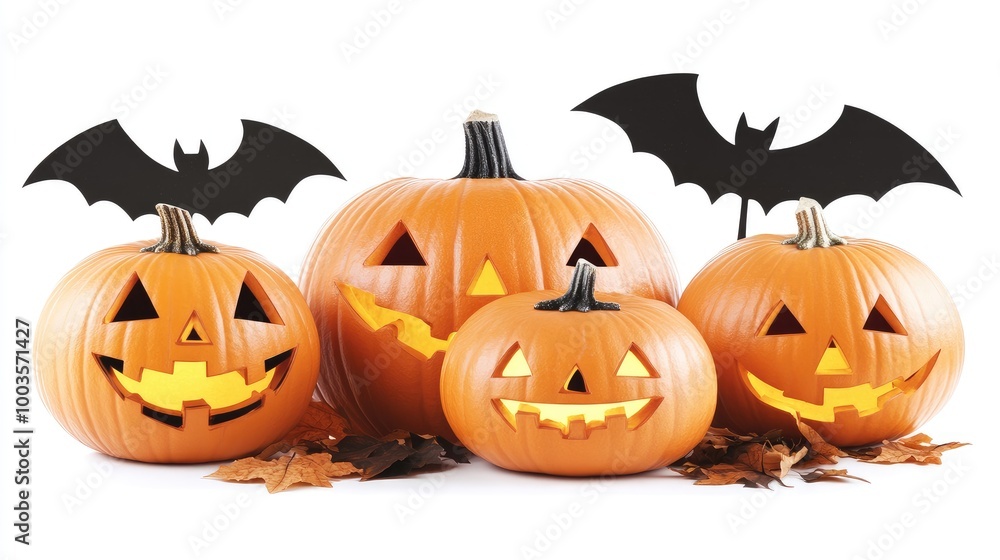 Pumpkins and bat cutouts arranged on a clean white background, perfect for Halloween, with ample copy space. No people, no logo. Pumpkins and bat cutouts arranged on a clean white background, perfect for Halloween, with ample copy space. No people, no logo.
