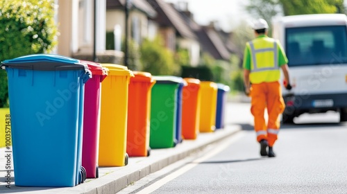 A row of brightly colored recycling bins line a suburban street, with a waste collection worker walking towards them