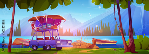 Car with baggage on roof outdoor near lake with wooden pier and boat on water, high rocky mountains, green trees and stones, blue sunny sky. Cartoon vector summer camping landscape with vehicle.