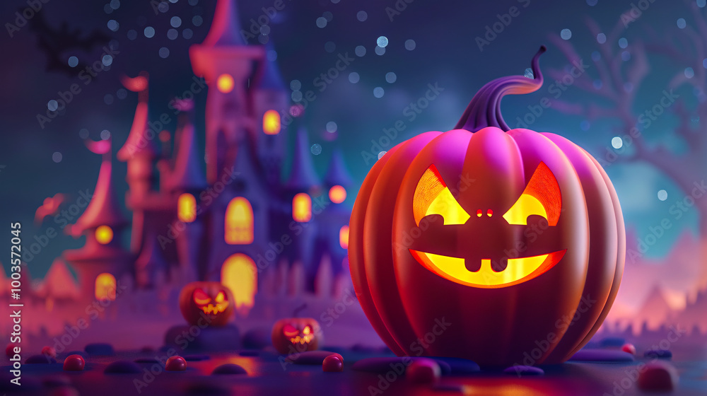 3D illustration of a spooky pumpkin with a grinning face, set against funny-colored background with Halloween castle. Generative AI illustration. 3D illustration of a spooky pumpkin with a grinning face, set against funny-colored background with Halloween castle. Generative AI illustration.