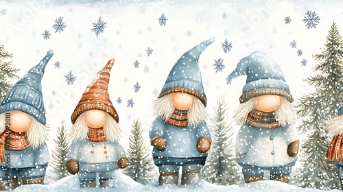 A seamless winter pattern featuring cozy gnomes bundled up in scarves and mittens, playing in the snow with pine trees and snowflakes softly falling, soft pastel blues and whites,