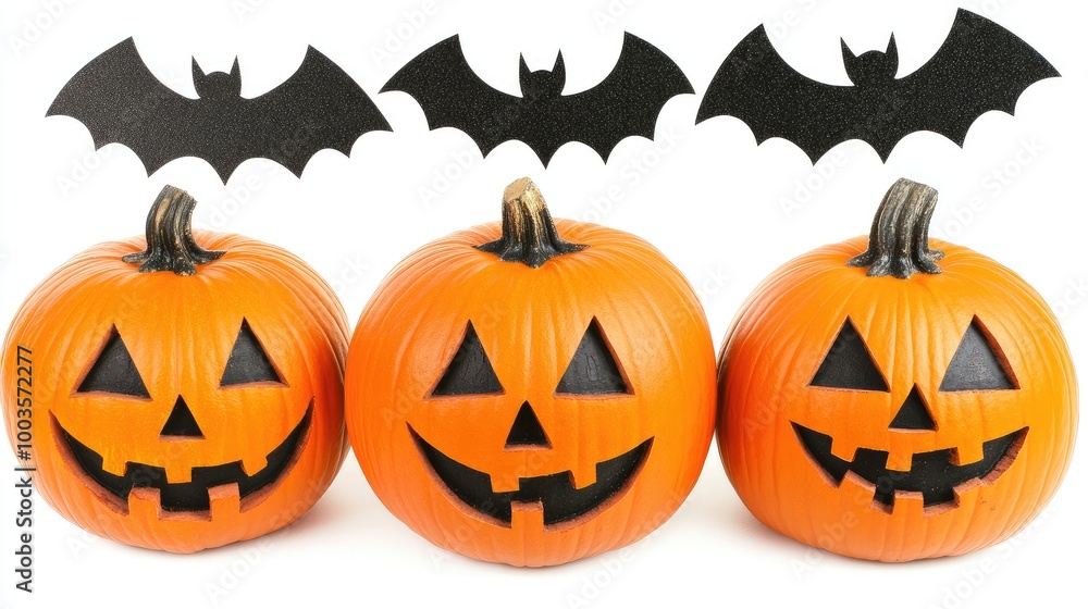 Top view of Halloween decor: pumpkins and bat silhouettes spread across a white background, with copy space. No people, no logo. Top view of Halloween decor: pumpkins and bat silhouettes spread across a white background, with copy space. No people, no logo.