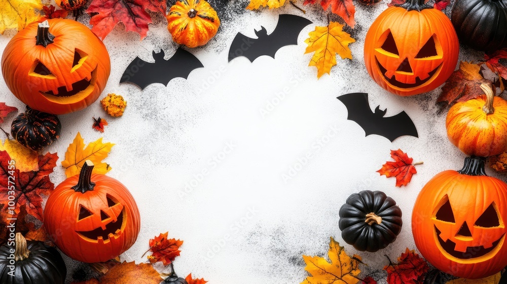 Top view of Halloween decor: pumpkins and bat silhouettes spread across a white background, with copy space. No people, no logo. Top view of Halloween decor: pumpkins and bat silhouettes spread across a white background, with copy space. No people, no logo.