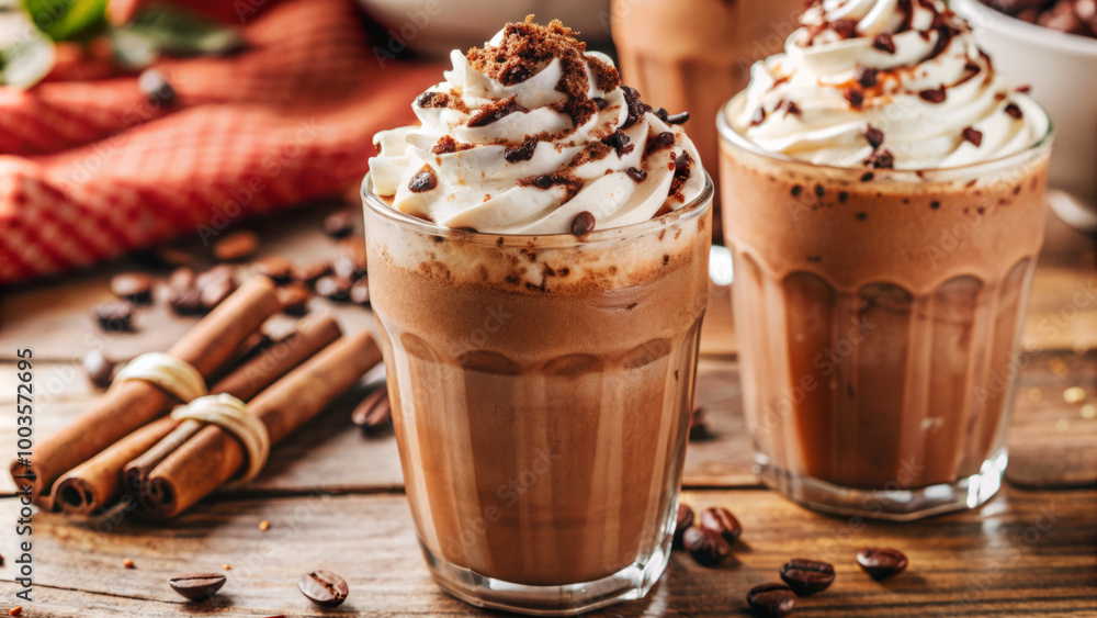 A luxurious vanilla caramel latte topped with a swirl of whipped cream, served in a tall glass, creating a rich and indulgent coffee experience. A luxurious vanilla caramel latte topped with a swirl of whipped cream, served in a tall glass, creating a rich and indulgent coffee experience.