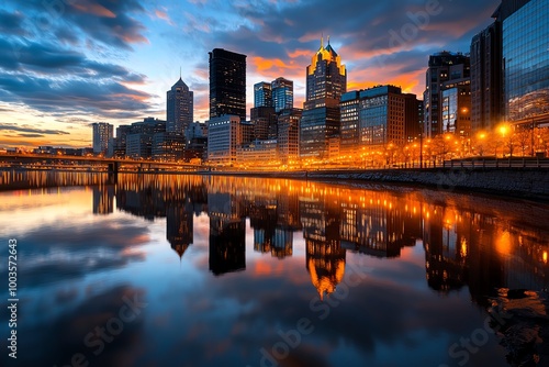 An urban skyline reflected in a calm river, with towering buildings and city lights mirrored in the water at sunset