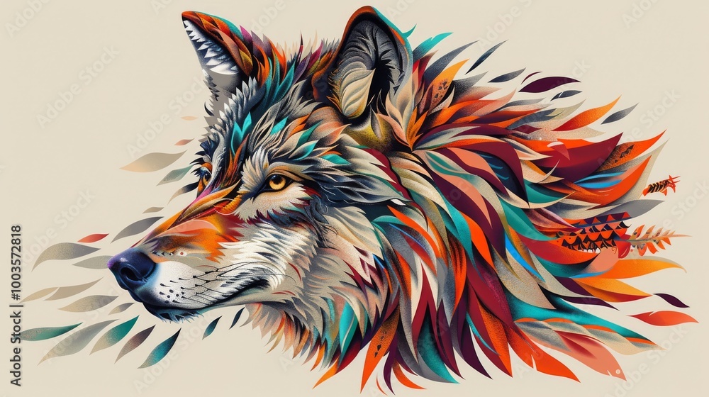 Naklejka premium A stunning abstract illustration of a wolf with vibrant geometric patterns and dynamic colors, perfect for modern art and design projects.