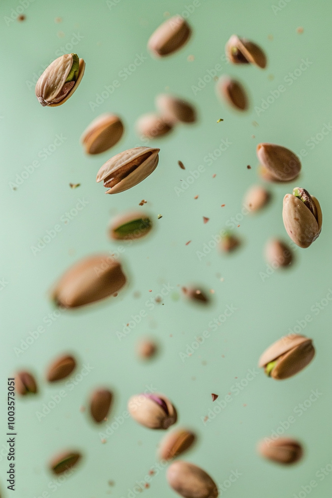 Healthy food snack pistachios levitate for advertisement concept. Flying levitating in air fresh raw whole and cracked nuts isolated on gray background. Vector poster Healthy food snack pistachios levitate for advertisement concept. Flying levitating in air fresh raw whole and cracked nuts isolated on gray background. Vector poster