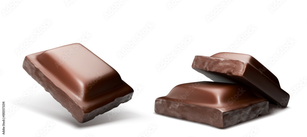 Chocolate bar pieces flying in air. Realistic 3d vector illustration set of dark brown cocoa sweet dessert. Square black or milk choco candy broken chunk. Falling delicious confectionery product cube. Chocolate bar pieces flying in air. Realistic 3d vector illustration set of dark brown cocoa sweet dessert. Square black or milk choco candy broken chunk. Falling delicious confectionery product cube.