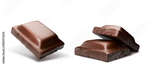 Chocolate bar pieces flying in air. Realistic 3d vector illustration set of dark brown cocoa sweet dessert. Square black or milk choco candy broken chunk. Falling delicious confectionery product cube.