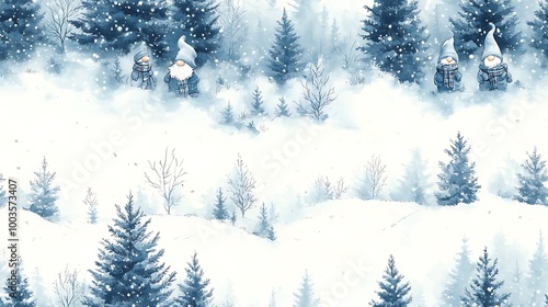 Wallpaper Mural A snowy winter forest scene with gnomes bundled up in scarves and mittens, surrounded by snow-covered pine trees and gently falling snowflakes, soft blues and whites with cozy, Torontodigital.ca