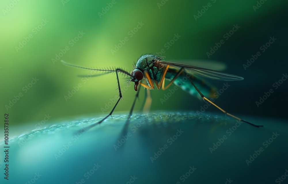 A close-up of a mosquito on the skin, captured through high-speed photography. The image features a green background with contrasting light and dark tones, creating a sense of colorism. A close-up of a mosquito on the skin, captured through high-speed photography. The image features a green background with contrasting light and dark tones, creating a sense of colorism.