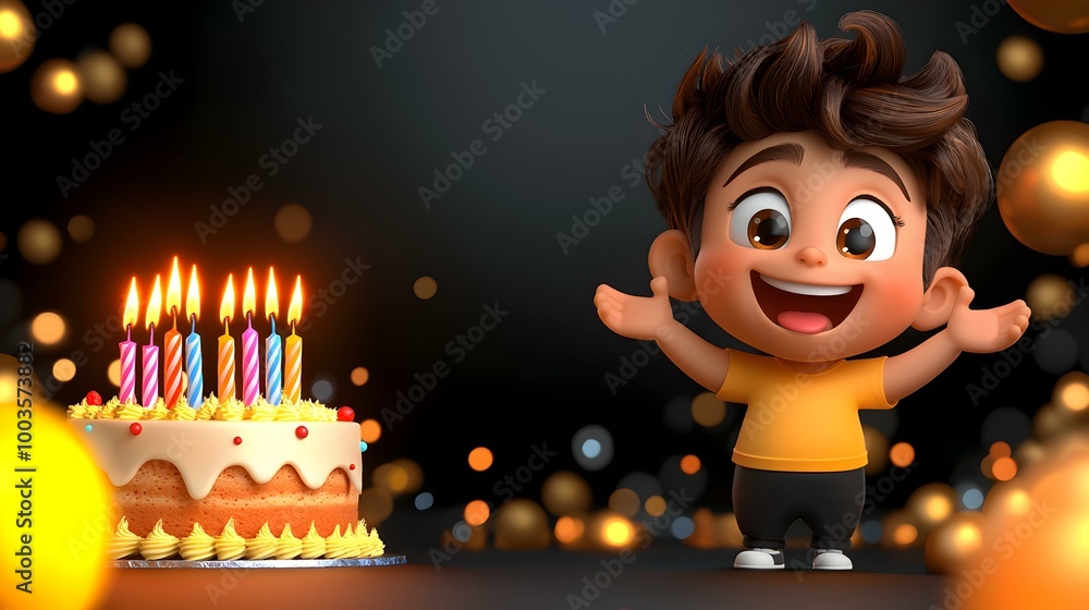 Fototapeta premium Joyful celebration, a child surrounded by friends, blowing out candles on a colorful birthday cake, laughter and excitement in the air