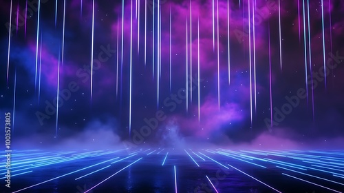 A vibrant neon background with purple and blue light beams, creating a futuristic and dynamic atmosphere.