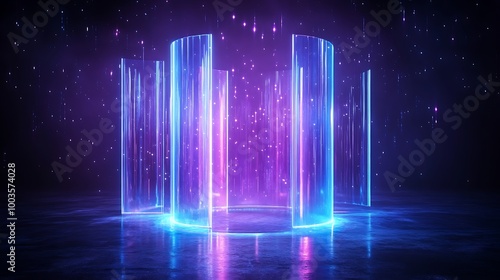 A vibrant, futuristic abstract background featuring glowing vertical panels and a dynamic light display.