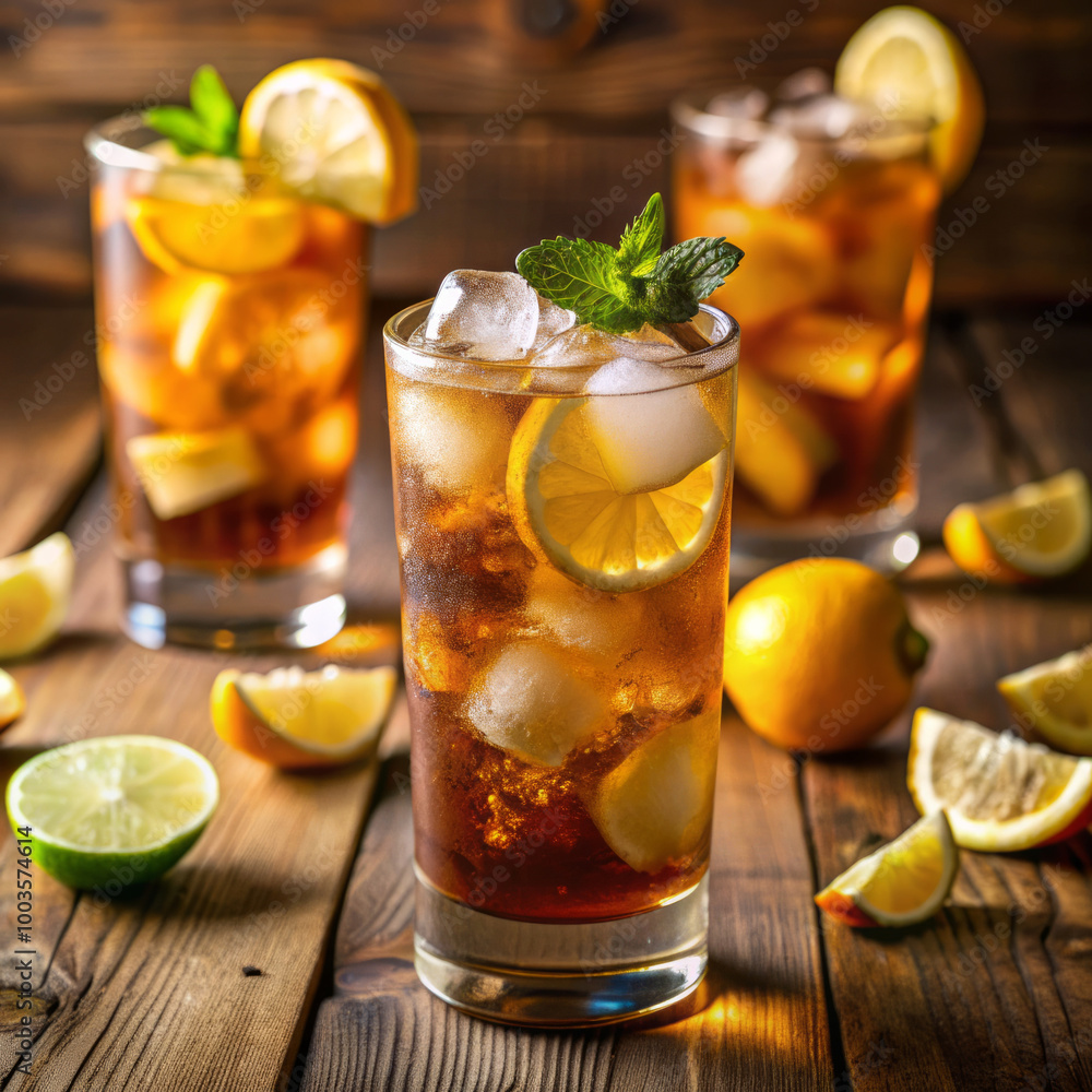 Classic Long Island Iced Tea with Lemon Slices and Mint Garnish in a Tall Glass on a Rustic Table Classic Long Island Iced Tea with Lemon Slices and Mint Garnish in a Tall Glass on a Rustic Table