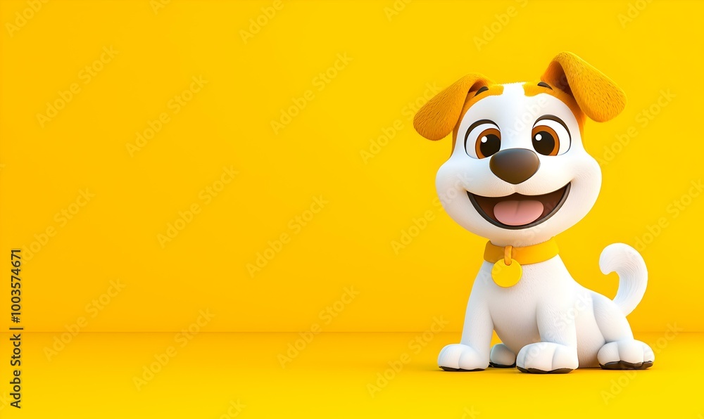 Fototapeta premium Playful Cartoon Dog, a charming 2D illustration of a cute dog joyfully wagging its tail, exuding happiness and energy.
