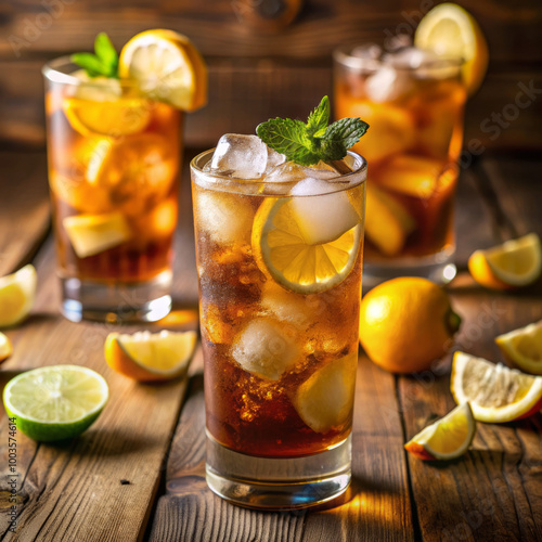 Classic Long Island Iced Tea with Lemon Slices and Mint Garnish in a Tall Glass on a Rustic Table