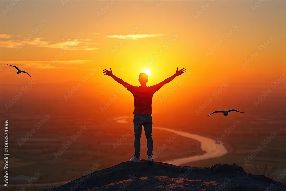 Persona alcanzando el éxito. Se representa en la cima de una montaña, en un atardecer, con los brazos extendidos, abrazando el éxito, en una puesta de sol simbólica. Senderismo. Paisaje. Persona alcanzando el éxito. Se representa en la cima de una montaña, en un atardecer, con los brazos extendidos, abrazando el éxito, en una puesta de sol simbólica. Senderismo. Paisaje.