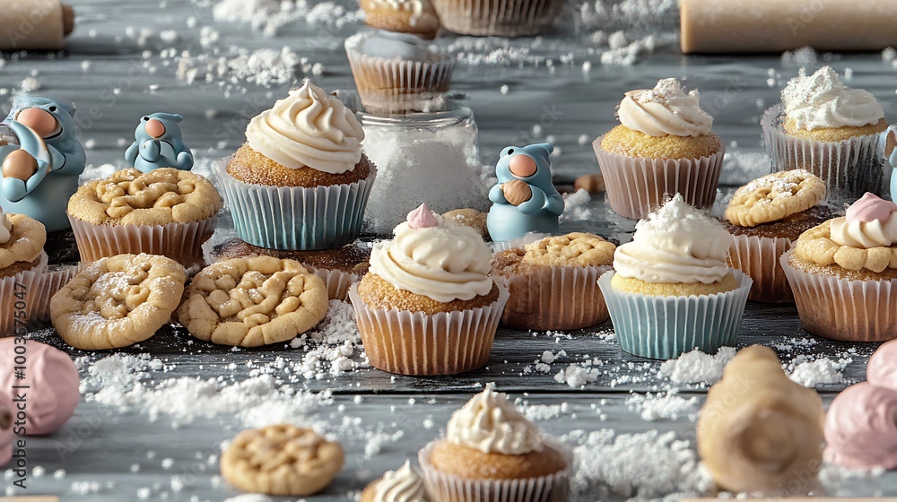 A sweet gnome bakery scene featuring gnomes decorating cupcakes and baking cookies, surrounded by flour, sugar, rolling pins, and colorful pastries, whimsical and playful with soft pastel colors. A sweet gnome bakery scene featuring gnomes decorating cupcakes and baking cookies, surrounded by flour, sugar, rolling pins, and colorful pastries, whimsical and playful with soft pastel colors.