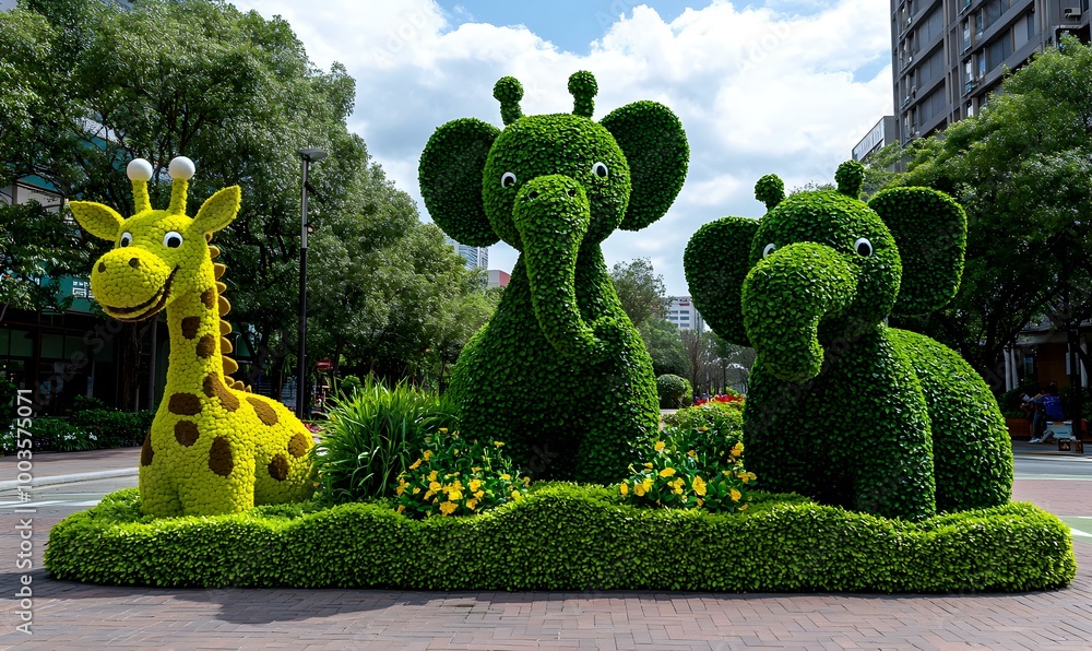 Obraz premium Whimsical Garden of Animal-Shaped Topiaries, vibrant greenery, intricate designs, enchanting atmosphere, playful sculptures throughout the landscape