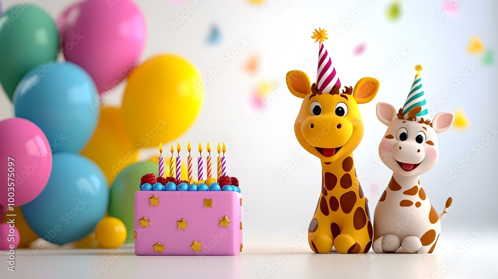 Joyful cartoon animals gathered around a colorful cake, festive decorations, balloons floating, all celebrating a cheerful birthday party. Joyful cartoon animals gathered around a colorful cake, festive decorations, balloons floating, all celebrating a cheerful birthday party.
