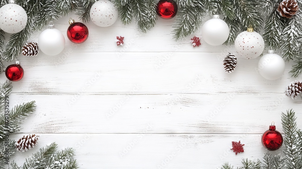 Festive christmas arrangement with fir branches and red and white baubles on white wooden background - perfect noel banner for holiday websites