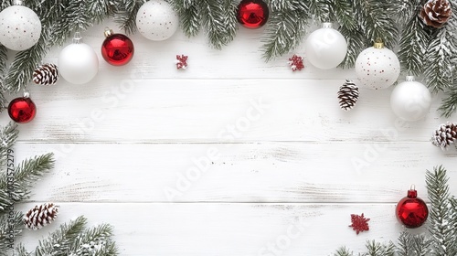 Obraz na płótnie Festive christmas arrangement with fir branches and red and white baubles on white wooden background - perfect noel banner for holiday websites w salonie