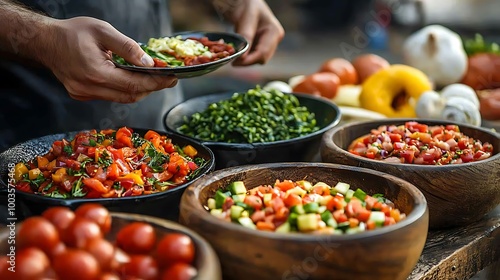 Fresh salads burst with tomatoes, cucumbers, and herbs, a celebration of vibrant ingredients.