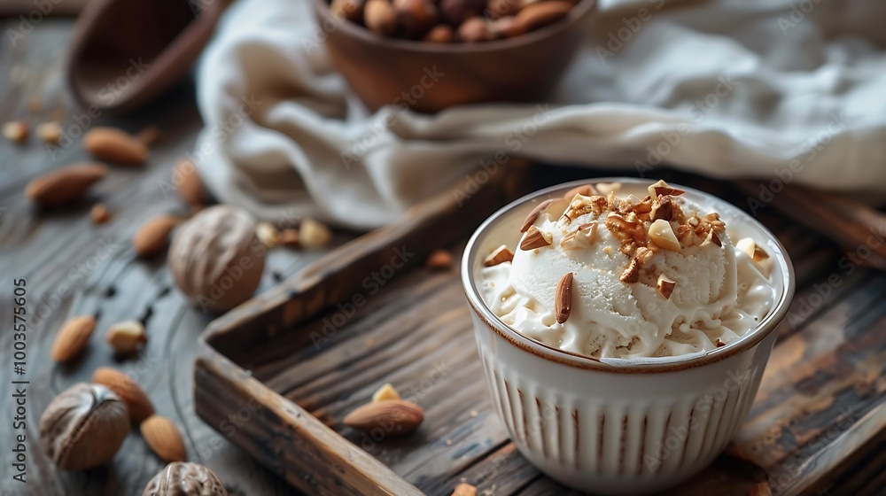 A rustic table displays a cup of homemade vanilla ice cream topped with almond and hazelnut pieces A rustic table displays a cup of homemade vanilla ice cream topped with almond and hazelnut pieces