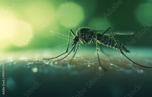 Wallpaper Mural A close-up of a mosquito on the skin, captured through high-speed photography. The image features a green background with contrasting light and dark tones, creating a sense of colorism.  Torontodigital.ca