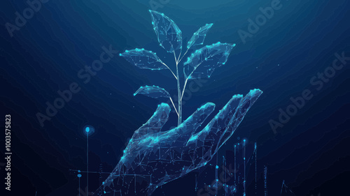 Sustainable Economy Concept: Digital Hand-Holding Plant on Technological Blue Background with Low Poly Wireframe and Connected Glow Dots and Lines photo