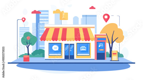Flat Design Local Store Marketing Concept Vector Illustration with Geolocation Icons and Cityscape Background for Business Promotion and Small Shop Advertising