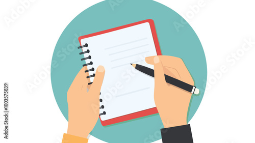 Vector Illustration of Hands Holding Notebook and Pen for Note Taking, Writing Journals, and Planning - Educational and Office Supplies Concept