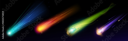 Neon comets set isolated on black background. Vector realistic illustration of asteroid rocks flying in sky with blue ice, orange fire, purple and green trails, meteorite rain, space galaxy elements