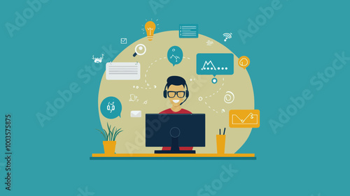 Modern Online Support Desk Illustration - Customer Service and Communication Concept with Icons for Contact Us and Help Desk Service