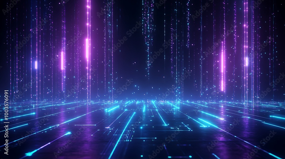 Abstract digital landscape featuring vibrant neon lights and a glowing floor. Perfect for futuristic themes. Abstract digital landscape featuring vibrant neon lights and a glowing floor. Perfect for futuristic themes.