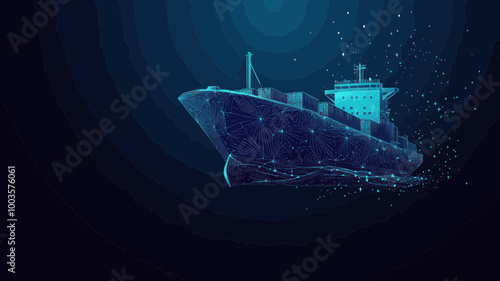 Abstract Low Poly 3D Cargo Ship Vector on Dark Blue Background, International Shipping and Logistics Concept, Starry Sky Digital Mesh Illustration, Minimalist Transportation and Trade Design