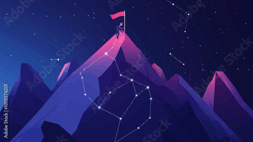 Professional Businessman Climbing Digital Mountain Peak with Flag, Conceptual Vector on Goals Achievement and Ambitions in Technology Landscape