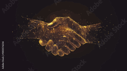 Low Poly Business Handshake Vector with Gold Stardust Effect, Polygonal Wireframe, Glittering Golden Particles on Dark Background, Minimalist SVG for Professional Partnerships and Success Themes